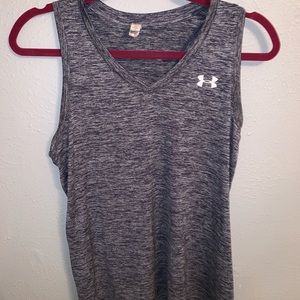 Gray and blue under armour running top
